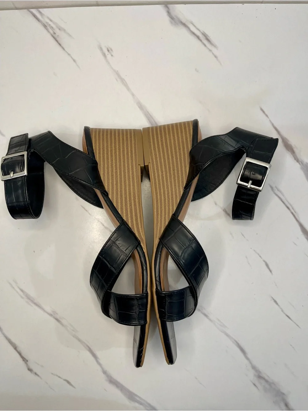 Black Croc-Embossed Ankle Buckle Wedge Sandals Size 8.5 Style & Co.